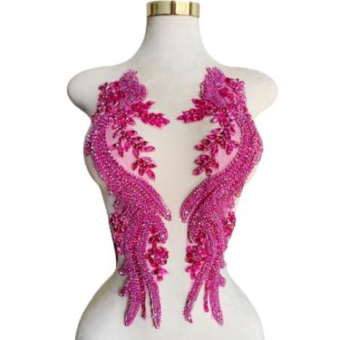 Imagem de Jpumley.pksn Apliques de renda de strass feitos à mão costurados em miçangas para acessórios de roupas de vestido 1 par/bolsa 14 x 20 cm (rosa vermelha)