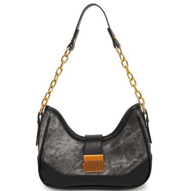 Imagem de RTGGSEL Bolsa feminina de cor contrastante, xadrez, listrada, transversal, ombro, axila, bolsa, bolsa de mão, Corrente jeans preta, Retrô moderno