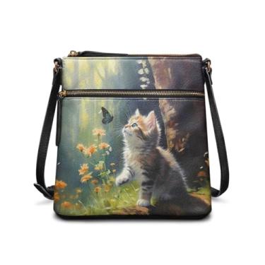 Imagem de HUGS IDEA Bolsa tiracolo feminina de couro, bolsa tiracolo grande, Hobo, bolsa para celular, Gato 3D