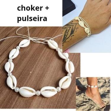 Imagem de Kit Colar choker e Pulseira tornozeleira conchas buzios Estrela do mar