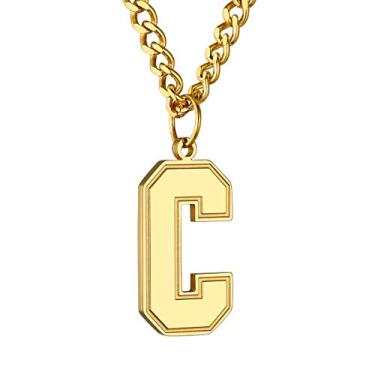 Imagem de GoldChic Colar masculino com letra inicial, colar de iniciais grandes de aço inoxidável para atletas esportivos, pingente de alfabeto com corrente cubana de 4 mm, 22''+2'', Banhado a ouro, Sem Pedra