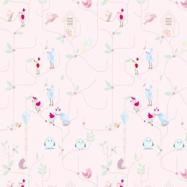 Imagem de Papel Parede Pássaros Cantando Fundo Rosa Adesivo Infantil