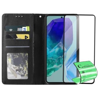 Imagem de Capa Carteira Premium Compatível Samsung Galaxy M55 com Película Cerâmica 9D, Preta