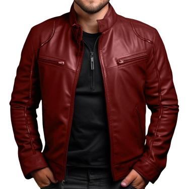 Imagem de Masculino colar na jaqueta de couro fit slim fit motocicleta jaqueta de couro bombardeiro casual jaqueta de couro falsa, vinho vermelho, m