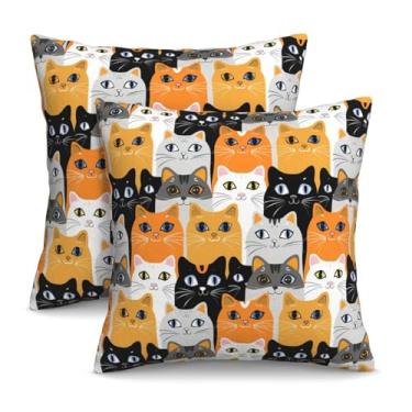 Imagem de KiuLoam Capas de almofada de desenho animado com cara de gato 45,7 x 45,7 cm, conjunto de 2 fronhas decorativas para ambientes externos, capas de almofada de fazenda para sofá-cama, decoração de casa