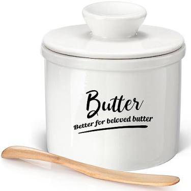 Imagem de AISBUGUR Manteiga Crock Butter Keeper com Faca e Selo de Silicone Perfeito Prato de Manteiga Francesa com Tampa para Bancada, Chega de Manteiga Dura, Bom Presente de Cozinha, Branco