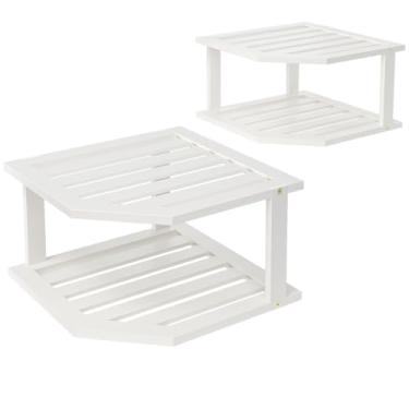 Imagem de VERTORGAN Prateleira de canto de bambu (pacote com 2), organizador de placas de 2 camadas para armário e bancada, prato de despensa e suporte de especiarias para cozinha (branca)