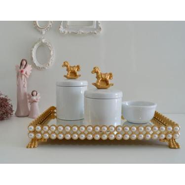 Imagem de Kit Higiene Bebê K036 Porcelana Bandeja Pérola Dourado Banho Cuidado Q