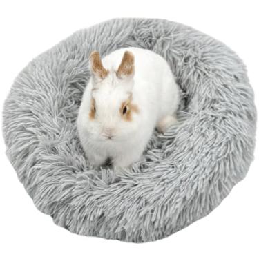 Imagem de Cama redonda de pelúcia macia para coelho, porquinho-da-índia, chinchila, auto-aquecida, outono, inverno, interior, soneca para dormir, aconchegante, gatinho, cachorrinho, canil (cinza)