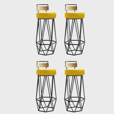 Imagem de Kit 04 Banqueta Com Encosto Botti Hexágono Cozinha Peroba Rosa Ferro Preto Sintético Amarelo - Ahz Móveis