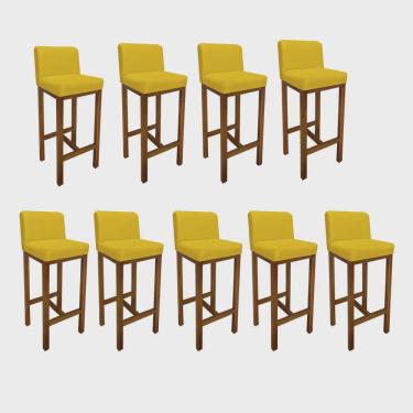 Imagem de Kit 09 Banqueta Alta Com Encosto Aila Cozinha Balcão Bistrô Base Madeira Castanho Suede Amarelo - Ahz Móveis