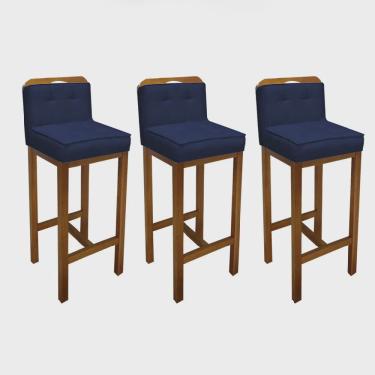 Imagem de Kit 03 Banqueta Alta Com Encosto Agnes Cozinha Balcão Bistrô Base Madeira Rústico Suede Azul Marinho - Ahazzo Móveis