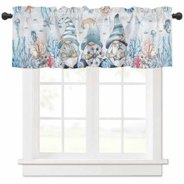 Imagem de Cortina coral estrela do mar concha cortina de verão costeira curta topper cortinas, azul oceano gnomos vida marinha tratamento de janela coral para cozinha varão bolso cortina para banheiro sala de