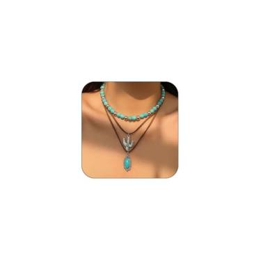 Imagem de IQPDYV Colar de faroeste feminino vintage turquesa com contas de faroeste, joias para mulheres, boho, boho, botas de cacto, chapéu country ocidental, roupas de concerto para mulheres, joias de