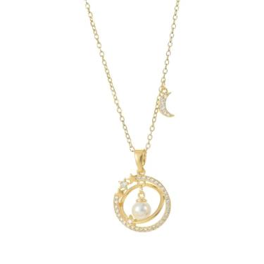Imagem de Colar banhado a ouro 14K, planeta, lua, estrela, pingente de zircônia cúbica, joia de pérola para mulheres, mães, amigas, presentes de aniversário delicados, Medium, Base de metal, Sem Pedra Preciosa