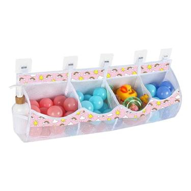 Imagem de GerdfeiTawtab Grande armazenamento de brinquedos de banho, organizador de brinquedos de banho de malha de secagem rápida com 4 compartimentos, 5 ganchos, fácil acesso e classificação, armazenamento de