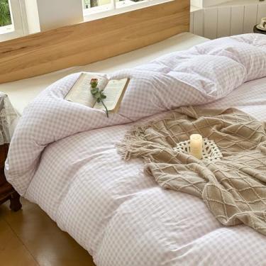 Imagem de Cobertor ponderado rosa guingão 223,5 x 264,2 cm, capa de edredom xadrez de microfibra pré-lavada macia para cobertor pesado, capa de edredom de grade pesada (guingão rosa, 223 x 264 cm)