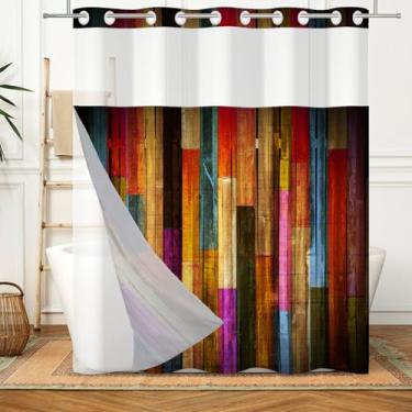 Imagem de Canessioa Cortinas de chuveiro de madeira rústica, sem gancho, com forro de encaixe, cortinas de chuveiro coloridas para porta de celeiro de fazenda, conjunto vintage, cortinas de chuveiro