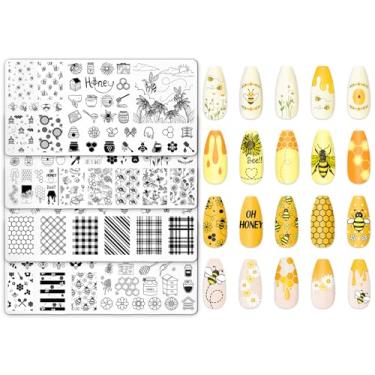 Imagem de JarThenaAMCS Conjunto de 4 peças de placas de unhas de abelha em forma de favo de mel, modelos de carimbos florais para primavera, verão, design de salão de manicure com estampa faça você mesmo