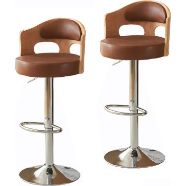 Imagem de Bancos De Bar De Metal De Design Artístico, Encosto De Madeira Maciça Envolvida, Banco Giratório De Assento De Couro, Bancos De Ilha De Cozinha Elevatórios Para Sala De, Yellow, Cowhide 2pcs