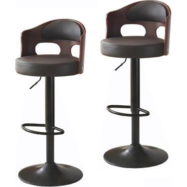Imagem de Bancos De Bar De Metal De Design Artístico, Encosto De Madeira Maciça Envolvida, Banco Giratório De Assento De Couro, Bancos De Ilha De Cozinha Elevatórios Para Sala De, Dark Brown, Cowhide 2pcs