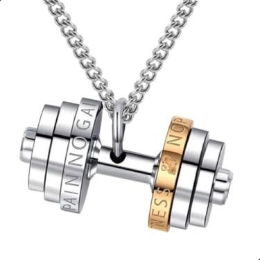 Imagem de Colar Academia Pingente Halter em Aço Inoxidável Unissex – Corrente Grumet Masculina e Feminina Prateada - Cordão Musculação Anilha Com Frase No Pain No Gain, Motivacional Para Treino - Moda Fitness