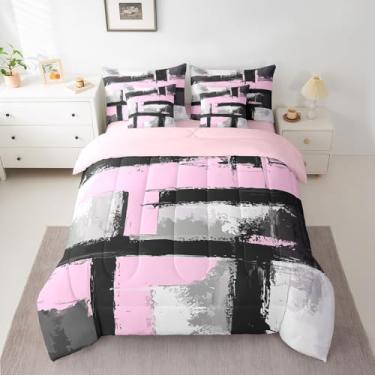 Imagem de Feelyou Conjunto de edredom com arte abstrata, rosa, preto, cinza, abstrato, King, 7 peças, para crianças, meninos, meninas, moderno, geométrico, decoração de quarto