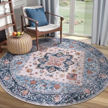 Imagem de SERISSA Tapete redondo boho, tapete circular lavável antiderrapante de 1,2 m, ultramacio, oriental, vintage, azul, camada baixa, tapete circular pequeno para quarto, entrada, quarto de crianças