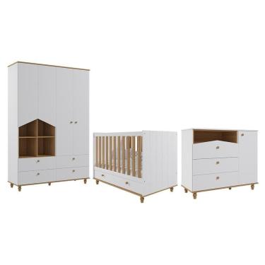 Imagem de Dormitório Infantil Casinha Guarda Roupa, Cômoda 1 Porta E Berço Candy Branco-nature - Permóbili Baby Branco-nature