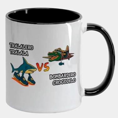 Imagem de Caneca Branca com Alça e Interna Preta 325ml - Tralalero Tralala Brainrot Meme Bombardino Crocodilo