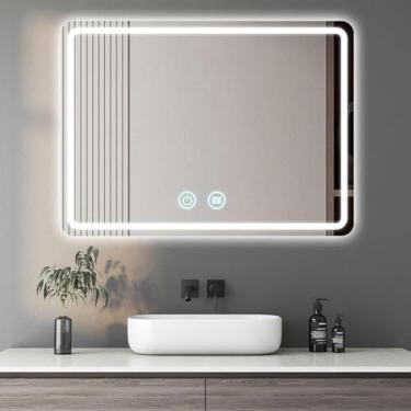 Imagem de Espelho de banheiro com luzes de LED, espelho com luzes, espelho de banheiro, luz de LED para banheiro, espelho de penteadeira, interruptor regulável, 3 cores e almofada de demissor com sensor de