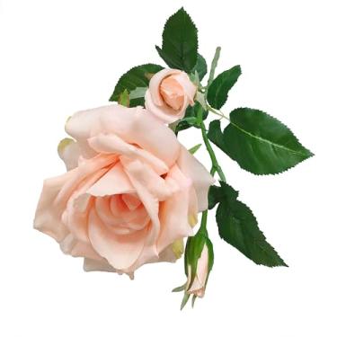 Imagem de ATFL Flores de rosas coloridas champanhe de seda falsa de toque real, 4 peças de rosas artificiais com hastes para arranjos de casamento, decoração de mesa de festa em casa