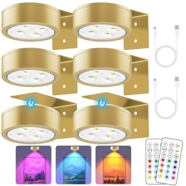 Imagem de SIXDEFLY Luz de exibição de arte LED com mudança de cor 13 RGB para moldura, luz de pintura LED recarregável operada por bateria com controle remoto regulável e temporizador, pacote com 6 unidades