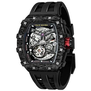 Imagem de Tsar Bomba Relógio masculino com mecanismo de esqueleto automático, luxuoso, barril de safira, impermeável, 50 m, durável, marca retangular, mergulho, esporte, presente militar, 8208 - Caixa preta com