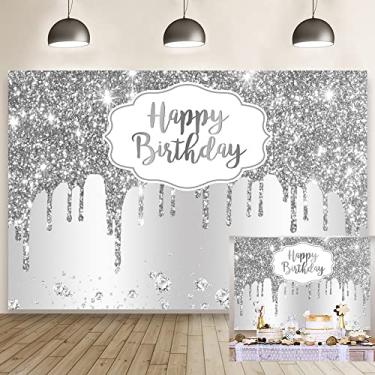 Imagem de DORCEV 2,7 x 1,8 m, pano de fundo de feliz aniversário, prata, glitter, lantejoulas, luxuoso, para fotografia de sonho, para mulher elegante, feminino, faixa de festa de aniversário, decoração