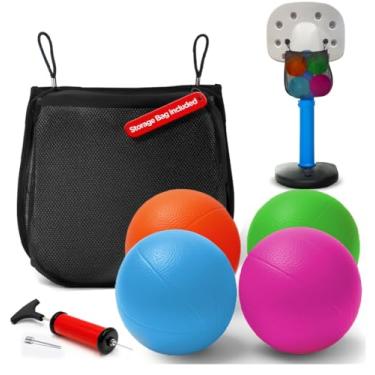 Imagem de Pacote com 4 bolas de substituição de 15 cm para cesta de basquete Little Tikes com bolsa de armazenamento de malha, mini bolas de brinquedo infláveis macias para crianças, conjunto pequeno e