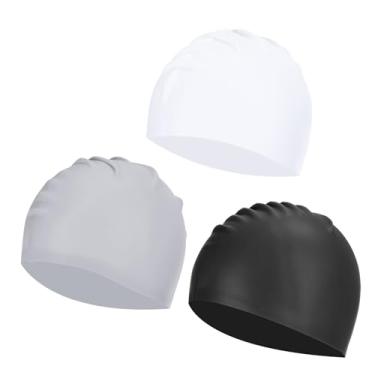 Imagem de YELARXI Touca de natação de silicone à prova d'água, confortável, antiderrapante, adequada para mulheres e homens, cabelos longos e curtos (3 peças cinza escuro/preto/branco)
