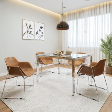 Imagem de Conjunto Mesa de Jantar Retangular 120cm X 75cm Tampo de Vidro com 4 Cadeiras Smart Cromado Branco/Cromado Serragem