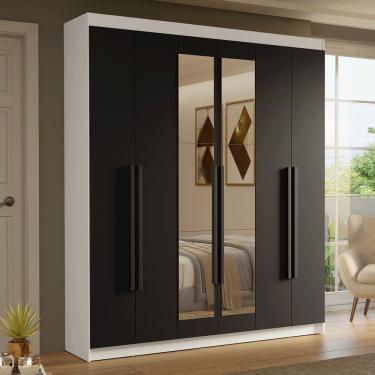 Imagem de Guarda-Roupa Casal 6 Portas Batentes com Espelho Branco/Preto/Preto Saturno Madesa