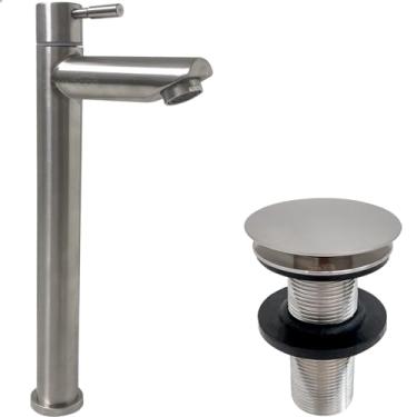 Imagem de Dona D Cor, Torneira Pia Banheiro Escovada Bica Alta E Valvula Click 7/8 Inox Fosco Kit Banheiro Torneira Fria