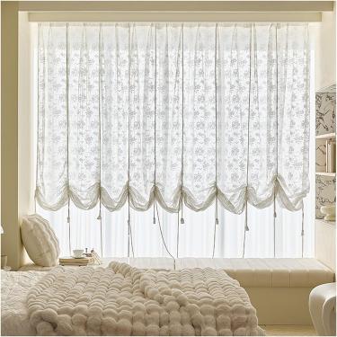 Imagem de Cortina De Balão De Renda Transparente, Cortina De Amarração Ajustável, Bordado Floral Tule Janela Para Sala De Estar Quarto, Bolso Para Vara, White, W300xH270cm/118x106in