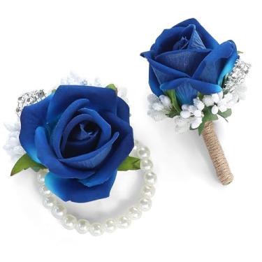 Imagem de Floroom Conjunto de pulseira de corpete de pulso rosa azul real e flor na lapela masculina para casamento, acessórios de flores brancas, decorações de terno de formatura