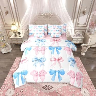 Imagem de Erosebridal Conjunto de cama casal com laço arco-íris, 7 peças, rosa, azul, kawaii, conjunto de cama para crianças, meninas, laço de fita de aquarela, conjunto de cama com lençol