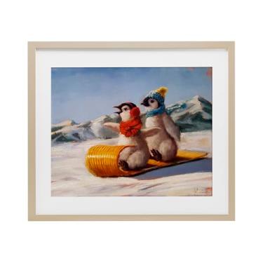 Imagem de Stupell Industries Impressão emoldurada Toboggan Sleigh Ride Penguins Birch Under Glass por Lucia Heffernan, 17 x 21