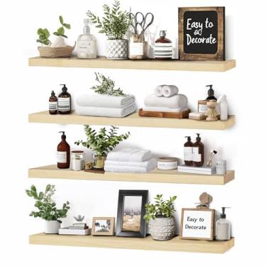 Imagem de ABSWHLM Pacote com 4 prateleiras de parede flutuantes – Prateleiras de parede de madeira rústica de 40,6 cm para armazenamento e decoração, multifuncionais e fáceis de instalar para sala de estar