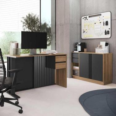 Imagem de Mesa Escritório 120cm com Gavetas Ripado e Balcão 2 Portas - Faema E, 