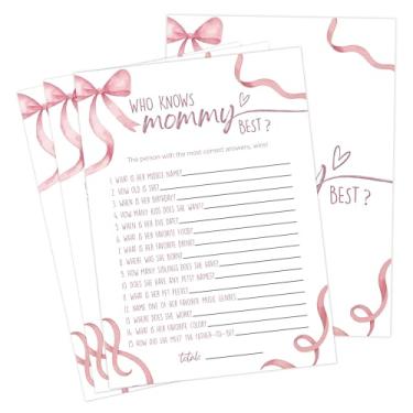 Imagem de Pink Bow Baby Shower Games, Pink Who Knows Mommy Best Game para 30 convidados com cartas de jogo, revelação de gênero, suprimentos e decorações para chá de bebê (DV06)
