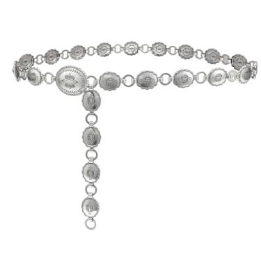 Imagem de YooAi Cinto feminino Western Metal Concho com corrente de vaqueira para vestidos, jeans, roupa de concerto country, Moeda de prata, Fit waist up to 42"