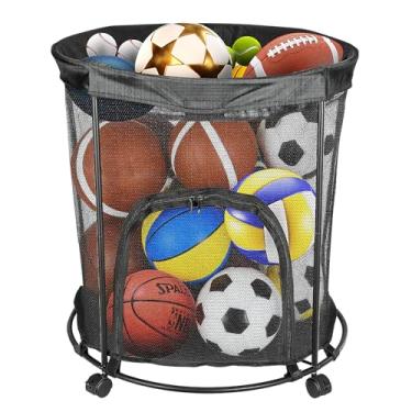 Imagem de Isamant Carrinho de armazenamento de bolas, suporte de bola de malha de 124 litros para futebol e basquete, cesta de armazenamento de bola de atualização com rodas e zíperes laterais, caixa de