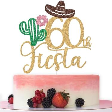Imagem de Topo de bolo 60th Fiesta, Taco Bout 60, topo de bolo feliz 60º aniversário, Aloha 60, decoração de festa de aniversário de 60 anos temática mexicana com glitter